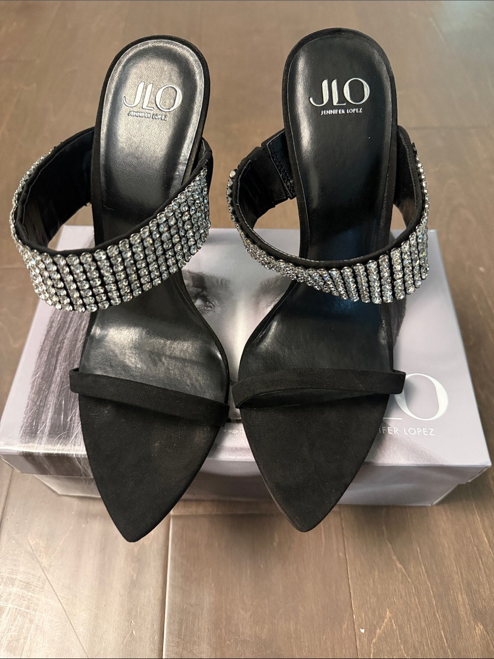 Jennifer Lopez Black Crystal-Embellished Pointed Heel Sandals